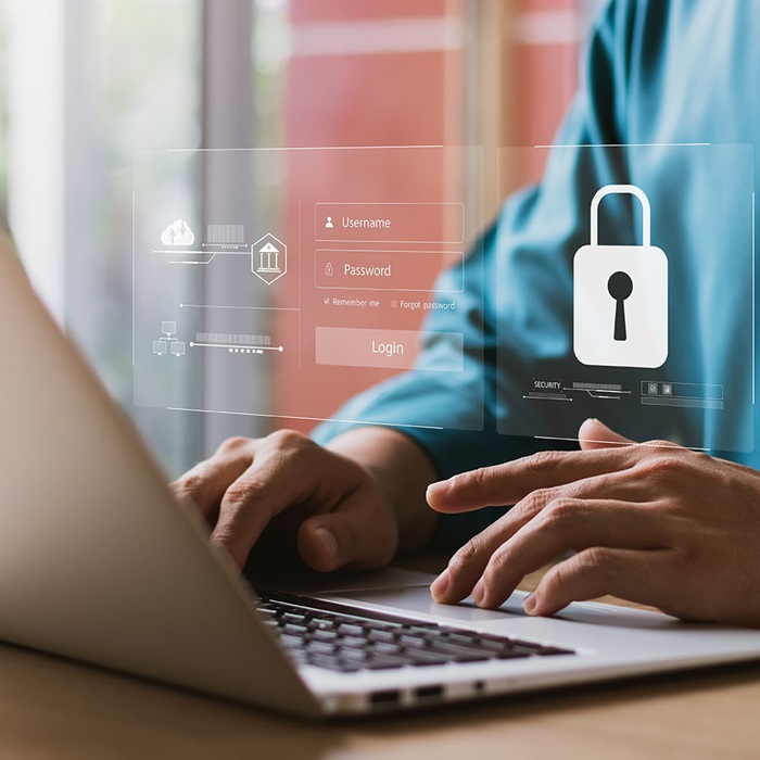 Crime Businessman protecting personal data on laptop